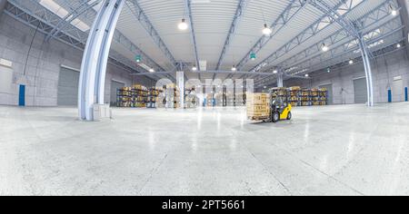 all'interno di un magazzino vista fisheye. rendering 3d Foto Stock