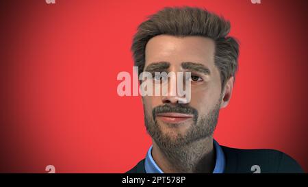 Uomo anziano preoccupato quarant'anni con barba su sfondo rosso emotivo studio ritratto 3D illustrazione Foto Stock