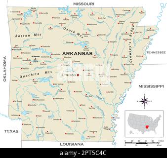Mappa fisica molto dettagliata dello stato americano dell'Arkansas Illustrazione Vettoriale