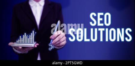 Scrittura a mano segno Seo soluzioni, parola per Search Engine pagina di risultato aumenta gli ospiti da Rankings Foto Stock