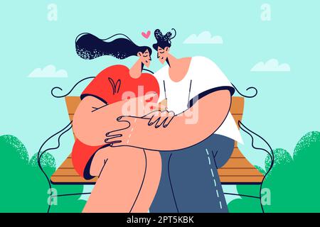 Felice coppia seduta sul banco abbracciando Illustrazione Vettoriale