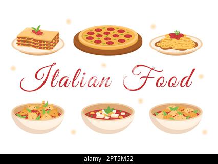 Italian Food Restaurant o Cafeteria con Chef preparazione di piatti tradizionali italiani Pizza o Pasta disegnata a mano Cartoon Template Illustrazione Foto Stock