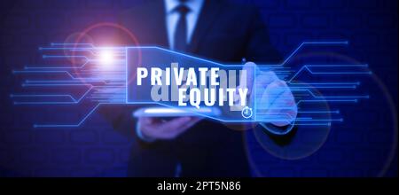 Titolo concettuale Private Equity, Word scritto su partnership limitate composte da fondi non quotati in borsa Foto Stock