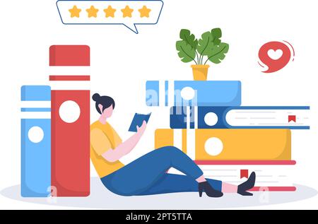 Modello di revisione del libro Illustrazione piatta di Cartoon disegnata a mano con il feedback del lettore per l'analisi, la valutazione, la soddisfazione e i commenti sulle pubblicazioni Illustrazione Vettoriale