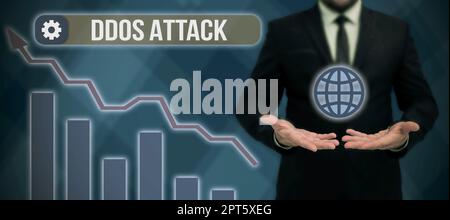 Cartello di testo che mostra l'attacco DDoS, Internet Concept perpetator cerca di rendere le risorse di rete non disponibili Foto Stock