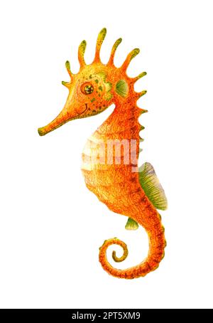 Immagine di un cavalluccio marino giallo disegnato a mano con acquerelli e pastelli. Pesce brillante in stile cartone animato isolato su sfondo bianco per il tuo design Foto Stock