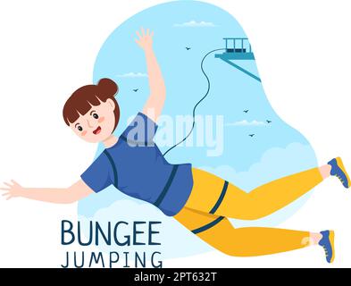 Bungee jumping Illustrazione con una persona che indossa una corda elastica che cade saltando da un'altezza in Cartoon Extreme Sport modello vettoriale piatto Illustrazione Vettoriale