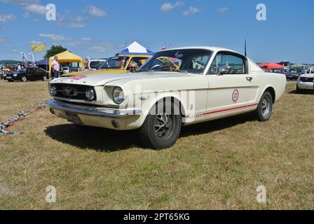 Una Ford Mustang 289 Fastback del 1965 parcheggiata in mostra al 47th Historic Vehicle Gathering, Powderham, Devon, Inghilterra, Regno Unito. Foto Stock