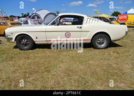 Una Ford Mustang 289 Fastback del 1965 parcheggiata in mostra al 47th Historic Vehicle Gathering, Powderham, Devon, Inghilterra, Regno Unito. Foto Stock