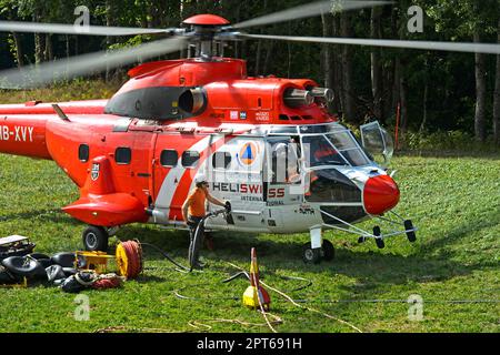 Elicottero da trasporto multiuso AS 332 Super Cougar C1 della Heliswiss International AG in rifornimento, Vallese, Svizzera Foto Stock