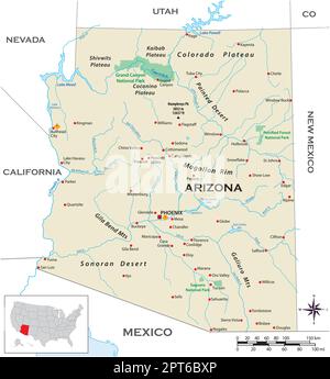 Mappa fisica altamente dettagliata dello stato degli Stati Uniti dell'Arizona Illustrazione Vettoriale