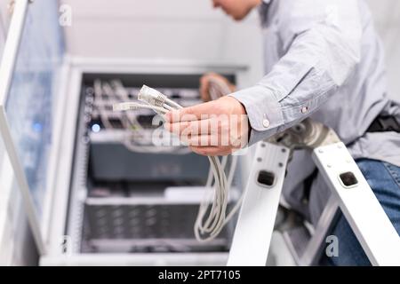 Connessione alla rete Internet. La mano di un tecnico maschile tiene in mano un gruppo di cavi di rete bianchi prima di effettuare il collegamento allo switch della porta. Primo piano dei tappi per l'interno Foto Stock