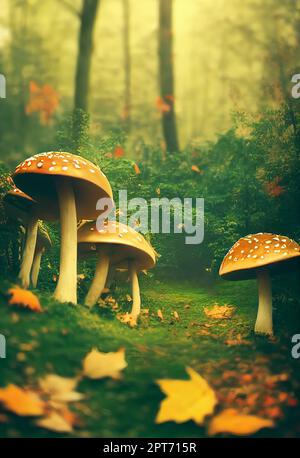 Funghi nella foresta autunnale, 3D illustrazione. Arte digitale Foto Stock