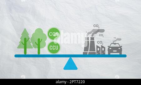 Concetto di neutralità del carbonio. Riduzione dell'anidride carbonica. Equilibrio delle emissioni di gas CO2 con il carbonio assorbito dagli alberi e la tecnologia di cattura del carbonio. CO2 neutra Foto Stock