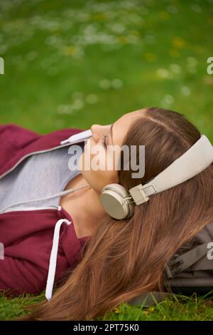 Lasciare la sua mente vagare. Una giovane donna che ascolta musica mentre si trova in un campo Foto Stock