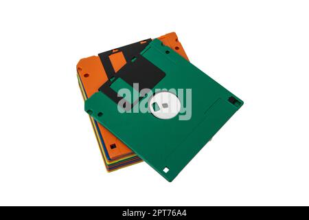 Floppy disk multicolore da 3,5 GB. Supporto di memorizzazione magnetico obsoleto. Isolare su sfondo bianco. Foto Stock