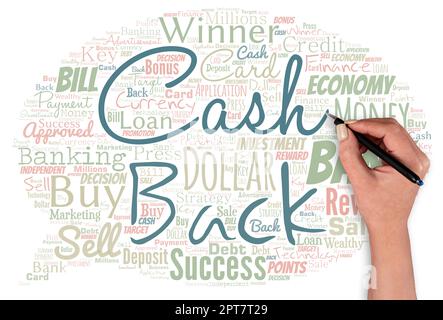 Nuvola di parole con parole cash back con mano e penna. Foto Stock