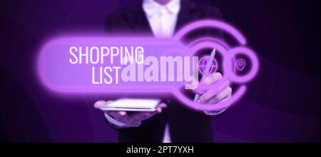 Testo di scrittura a mano Lista di Shopping, Word per approccio disciplina allo shopping elementi di base da acquistare Foto Stock