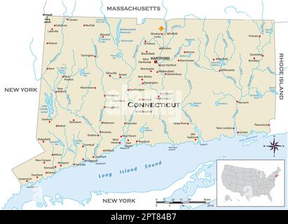 Mappa fisica molto dettagliata dello stato del Connecticut negli Stati Uniti Illustrazione Vettoriale