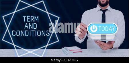 Cartello di testo con i termini e le condizioni, le politiche e le regole della vetrina aziendale in cui è necessario accettare di rispettare Foto Stock