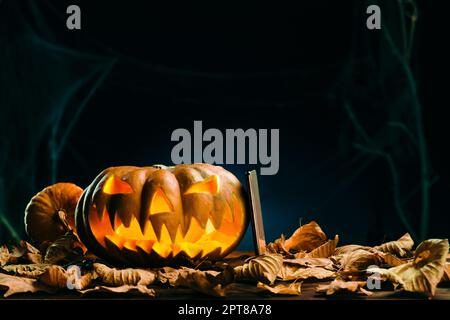 Zucche di Halloween e smartphone in scary notte profonda. Sfondo di Halloween Foto Stock