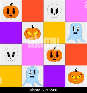 Motivo senza cuciture Halloween. Personaggi colorati e spettrale su sfondo luminoso. Zucche, fantasma, cranio umano. Illustrazione spaventosa dei cartoni animati. Sfondo Foto Stock