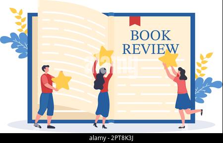 Modello di revisione del libro Illustrazione piatta di Cartoon disegnata a mano con il feedback del lettore per l'analisi, la valutazione, la soddisfazione e i commenti sulle pubblicazioni Illustrazione Vettoriale