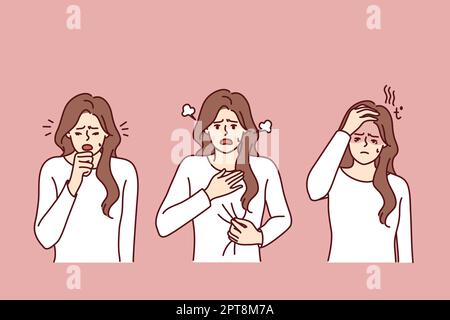 Donna malsana soffre di sintomi di covid Illustrazione Vettoriale