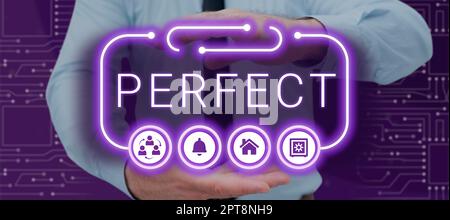 Didascalia di testo presentazione perfetta, idea di business completa senza difetti o difetti precisamente preciso o esatto Foto Stock