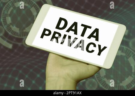 Didascalia di testo che presenta la privacy dei dati, Word per la sicurezza di Internet e la protezione digitale del sito Web o della home page di destinazione Foto Stock
