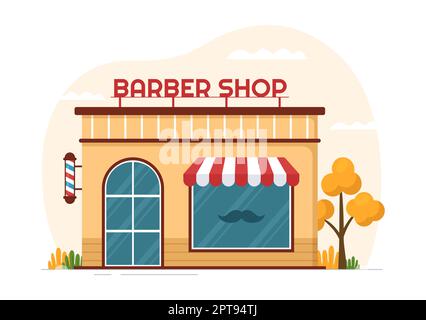 Barbiere Shop per clienti maschili o femminili taglio di capelli con specchi, scrivania e attrezzatura per il taglio di capelli in Cartoon piano modelli disegnati a mano Illustrazione Foto Stock