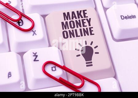 Testo di scrittura fare soldi in linea, concetto di affari ottenere pagato guadagnare denaro attraverso il freelancing e web marketing Foto Stock