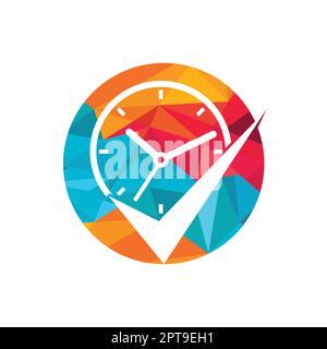 Modello di logo vettoriale per la gestione del tempo. Segno di spunta con icona orologio disegno vettoriale. Illustrazione Vettoriale