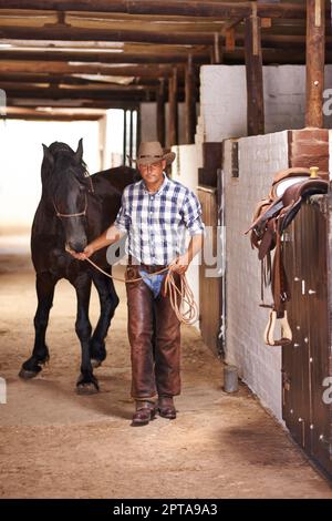 È il momento di fare un giro. Una mano di ranch premuroso che assiste ad un cavallo nella stalla Foto Stock