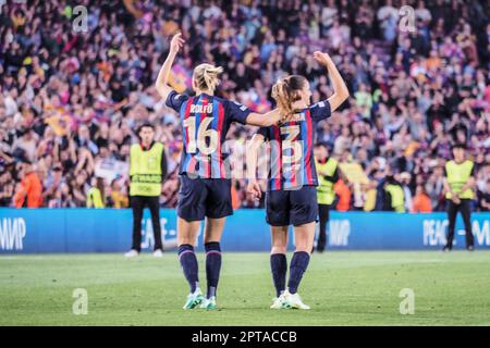 Barcellona, Spagna. 27th Apr, 2023. Barcellona a tempo pieno della partita semifinale della UEFA Womens Champions League tra Barcellona e Chelsea al Camp Nou Spotify di Barcellona, Spagna (Natalie Mincher/SPP) Credit: SPP Sport Press Photo. /Alamy Live News Foto Stock