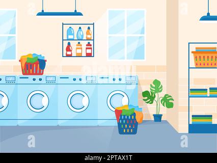 Lavaggio a secco Servizio di magazzino con lavatrici, asciugatrici e lavanderia per l'abbigliamento pulito in Cartoon piano modelli disegnati a mano Illustrazione Foto Stock