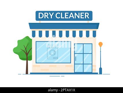Lavaggio a secco Servizio di magazzino con lavatrici, asciugatrici e lavanderia per l'abbigliamento pulito in Cartoon piano modelli disegnati a mano Illustrazione Foto Stock