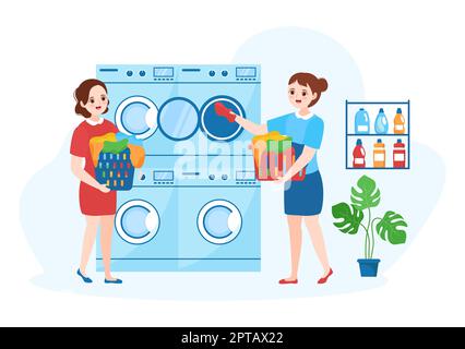 Lavaggio a secco Servizio di magazzino con lavatrici, asciugatrici e lavanderia per l'abbigliamento pulito in Cartoon piano modelli disegnati a mano Illustrazione Foto Stock