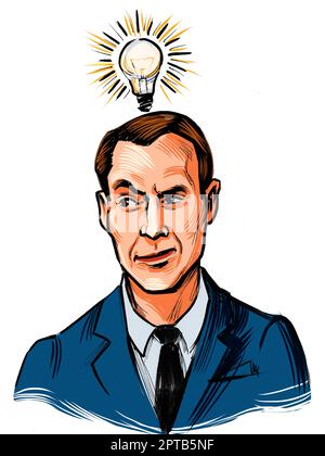 Uomo d'affari che ha un'idea. Inchiostro disegnato a mano su carta e colorato digitalmente sullo schizzo della tavoletta Foto Stock