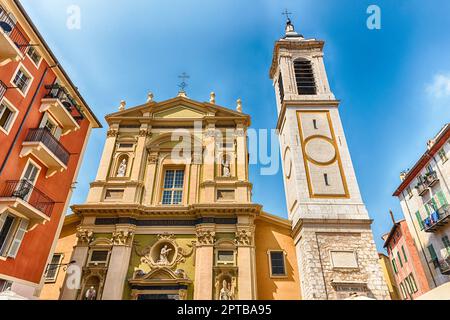 Facciata della Cattedrale barocca di Saint Reparata, nel centro storico di Nizza, Costa Azzurra, Francia Foto Stock
