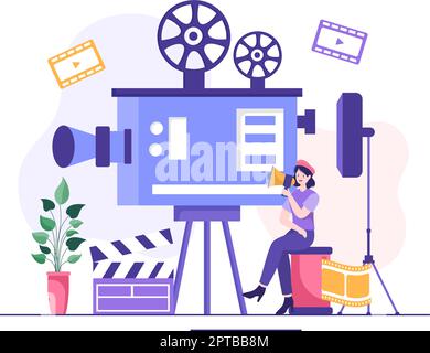 Video servizi Template Cartoon Flat Illustrazione disegnata a mano con produzione di Video Record, Film, Equipment e Cinema Industry Design Illustrazione Vettoriale