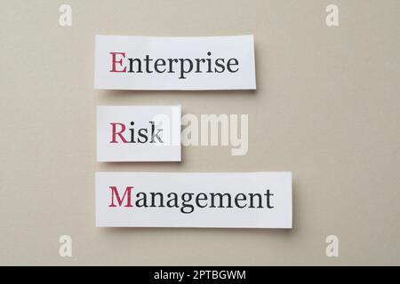 Carte con abbreviazione ERM (Enterprise Risk Management) su sfondo beige, piatto Foto Stock