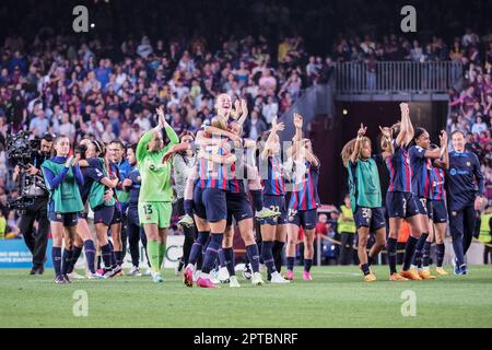 Barcellona, Spagna. 27th Apr, 2023. Barcellona a tempo pieno della partita semifinale della UEFA Womens Champions League tra Barcellona e Chelsea al Camp Nou Spotify di Barcellona, Spagna (Natalie Mincher/SPP) Credit: SPP Sport Press Photo. /Alamy Live News Foto Stock