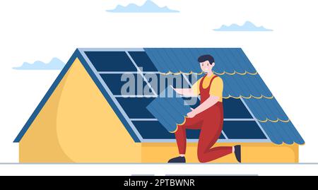 Costruzione di tetti Template disegnata a mano Cartoon Flat Illustrazione con ristrutturazione Housetop, fissaggio tetto Tile House e Roof Reconstruction Illustrazione Vettoriale