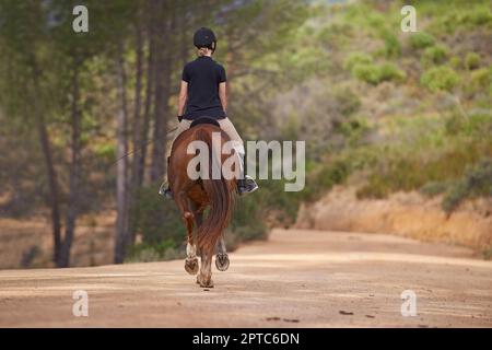 Vivere la natura a cavallo. Una giovane donna che va per un giro sul suo cavallo di castagno Foto Stock