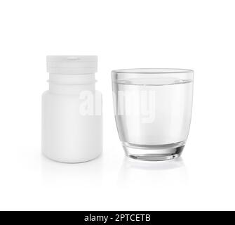Set completo di prescrizione che mostra un bicchiere d'acqua, un bianco bianco bottiglia di plastica della medicina. rendering 3d Foto Stock