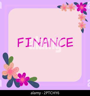 Testo di scrittura Finanza, Word scritto sulla vendita del prodotto o servizio ad un prezzo più basso per attrarre la cornice del cliente con le foglie e i fiori intorno e Imp Foto Stock