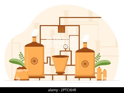 Processo di produzione della birreria con serbatoio e bottiglia di birra pieno di alcool per la fermentazione in Cartoon piano modelli disegnati a mano Illustrazione Foto Stock