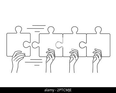 Le mani della gente con puzzle colorati collegano i pezzi insieme. Colleghi impegnati in attività di teambubuilding. Concetto di lavoro di squadra. Illustrazione vettoriale. Foto Stock