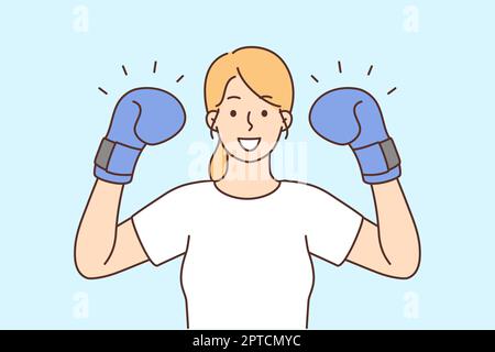 Donna giovane e potente sorridente e sicura con i guanti da boxer sulle mani. Ragazza felice mostrare potenza e forza. Illustrazione vettoriale. Foto Stock